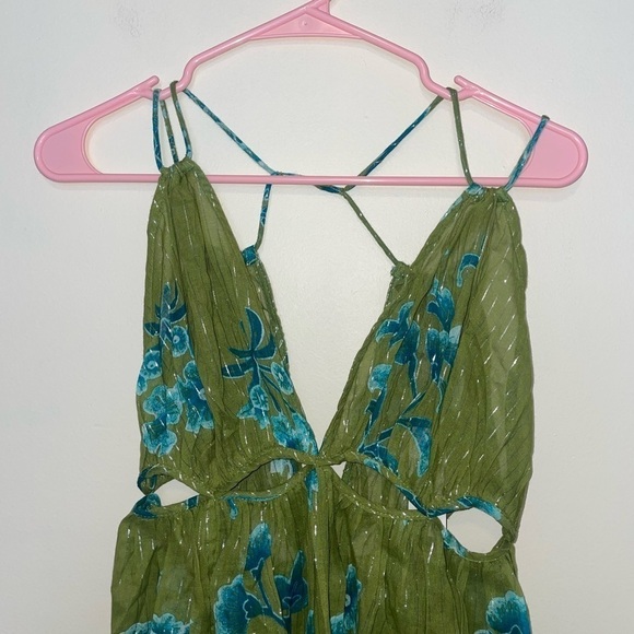 NWT Anthropologie Green Motif and Blue Metallic Cutout Maxi Dress Size XSP - Picture 10 of 10